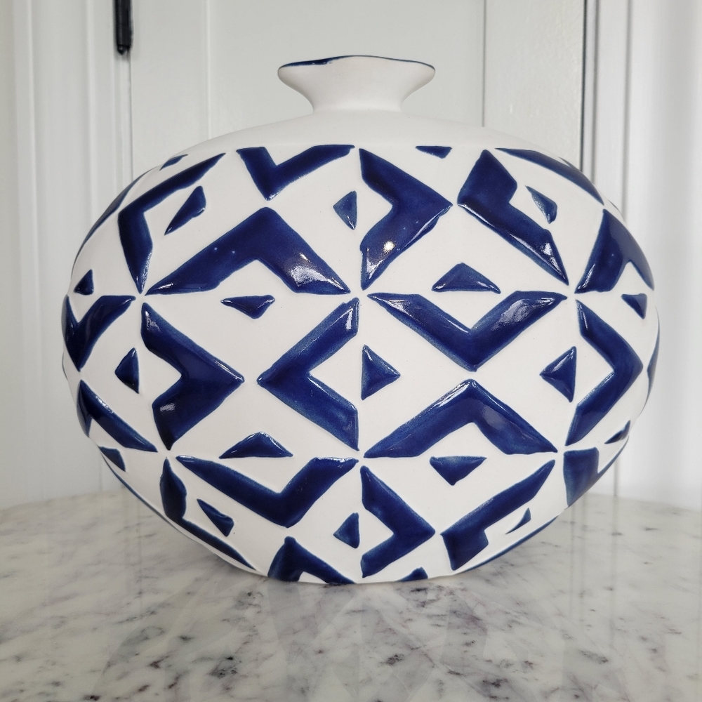 Imax Gwenyth Blue and White Coastal Geometric Ceramic Vase
